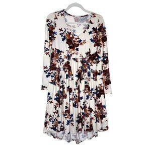 REBORN J Floral Long Sleeve High Low Pleated Midi Dress V-Neck Small Multicolor